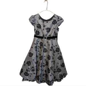 Jona Michelle sz8 Black & white gingham flocked floral fit & flare dress EUC